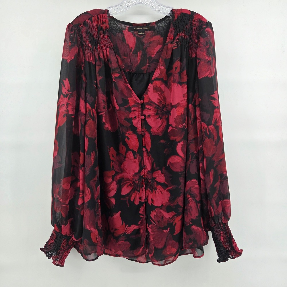 Cynthia Steffe Blouse 1X Red Black Floral Sheer Smocked Romantic Boho Eclectic